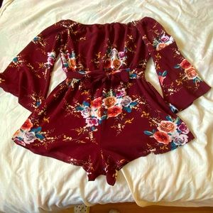 Burgundy floral off the shoulder romper